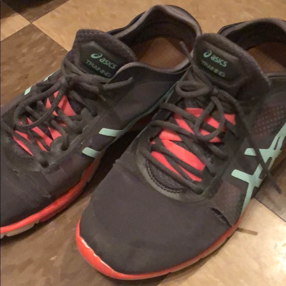 Asics gray, teal, and peach training sneakers